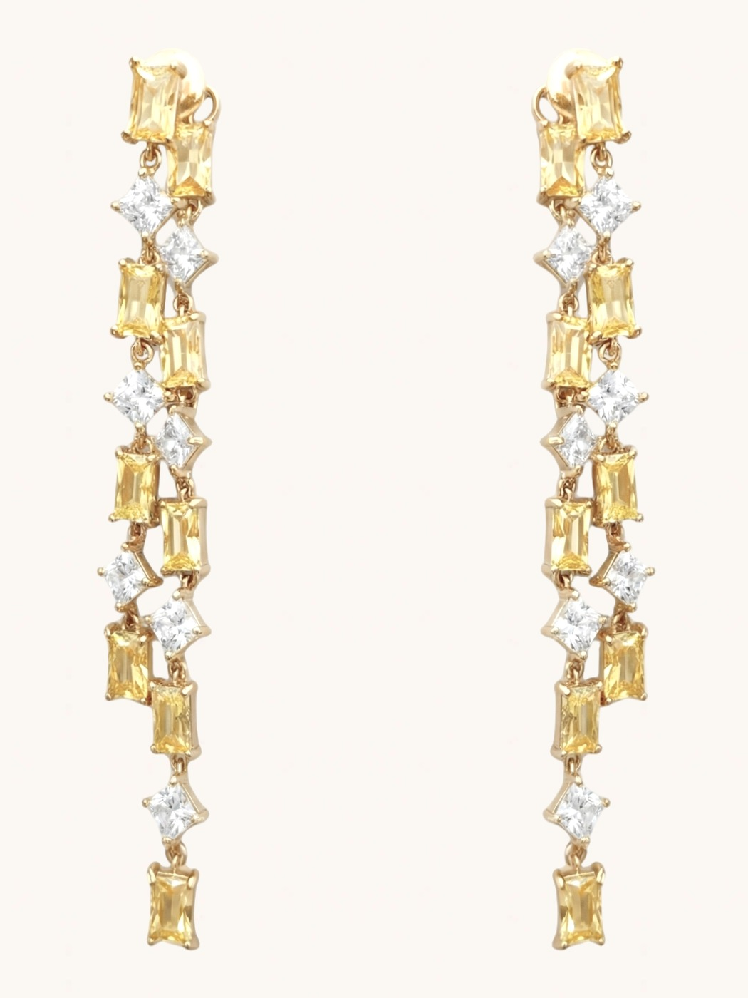 Front View of Elora Statement Drop Earrings in Rhodium Plated Metal-Yellow Jewelry for Pierced Ears Gold Brass Post / Pin & Push 925 Sterling Silver Stamp Marked 8 cm 11.2gms