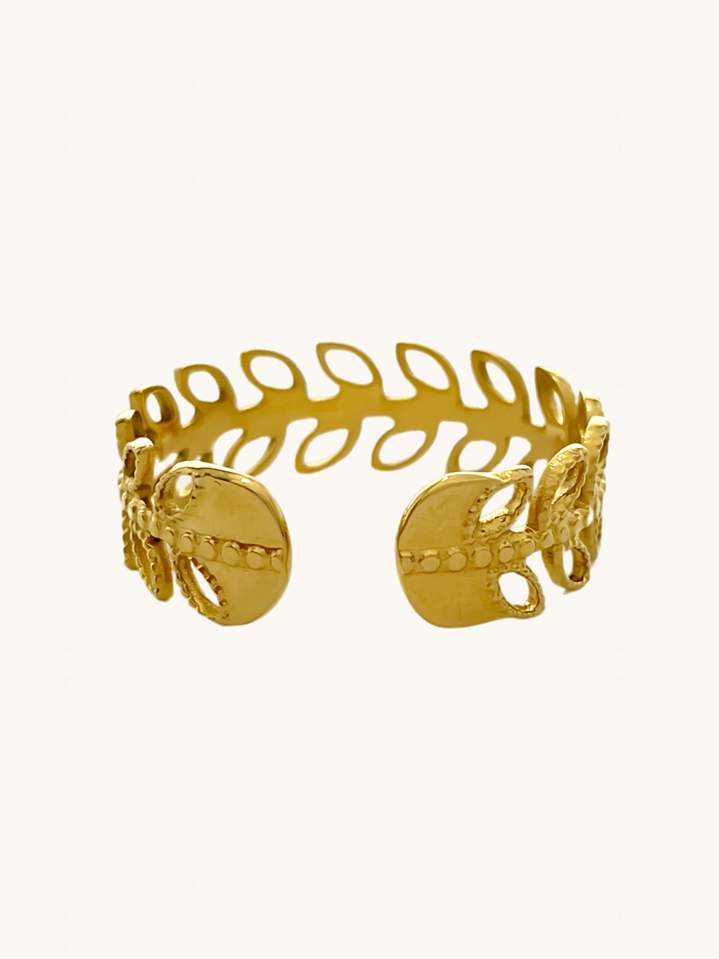 Rear View of Ambrose Open Ring in 18k Gold-Plated Metal Open-Adjustable-Resizable Gold Plated Steel | Hypoallergenic Tarnish Resistant Sweat Water Eco - Friendly One Size 1.4gms
