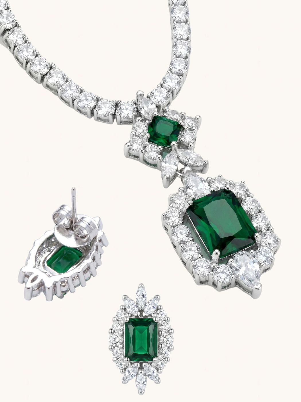 Closeup of Amaris Tennis Necklace and Earrings in Rhodium Plated Metal-Green Comfort Fit Copper 16 inches 22.5gms Mix Metal
