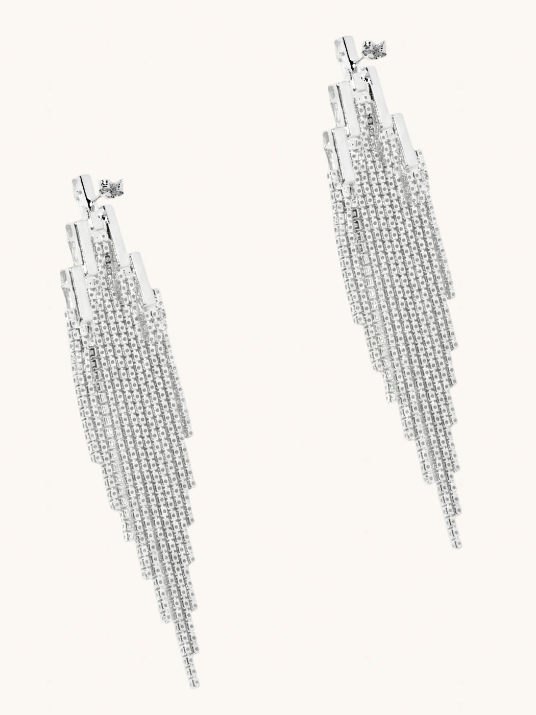 Rear View of Elise Waterfall Earrings in Rhodium Plated Metal Jewelry for Pierced Ears Post / Pin & Push 925 Sterling Silver Stamp Marked 13.2gms