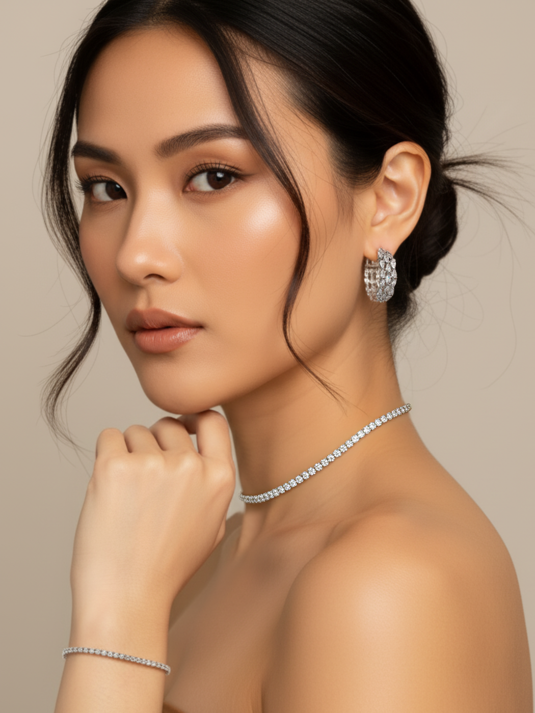Alternate View of Model Wearing Zara Choker Tennis Necklace Adjustable Length 925 Sterling Silver 10 inches 17.8gms