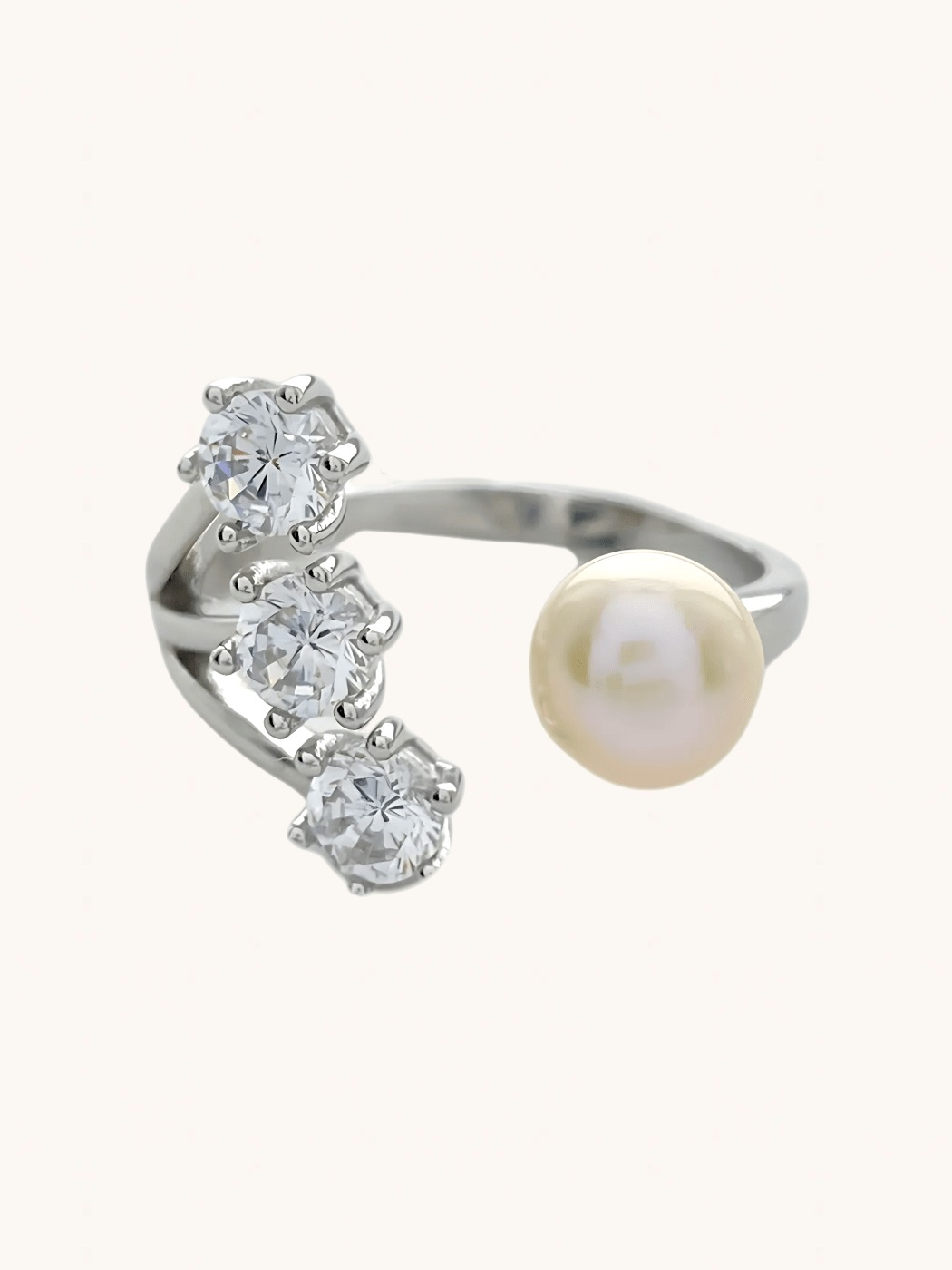 Front View of Athena Pearl & CZ Adjustable Ring in Sterling Silver Open-Adjustable-Resizable 925 Metal Stone One Size 2.8gms