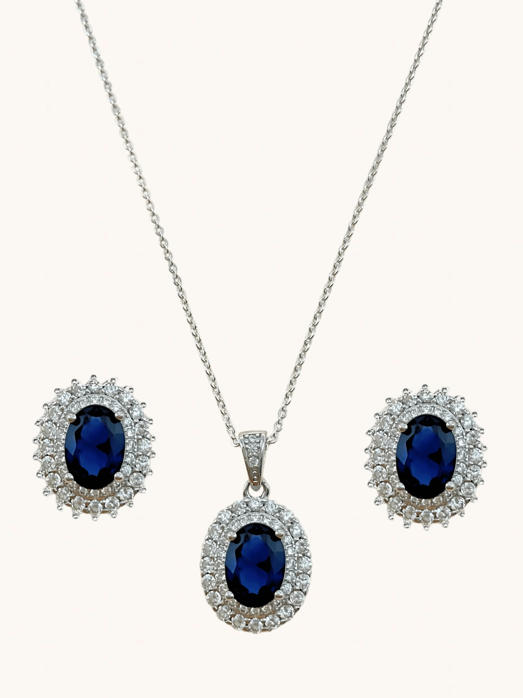 Front View of Ayesha Necklace & Earrings Set in Sterling Silver- Blue Fixed Length 925 Silver Metal Stone One Size 9.1gms