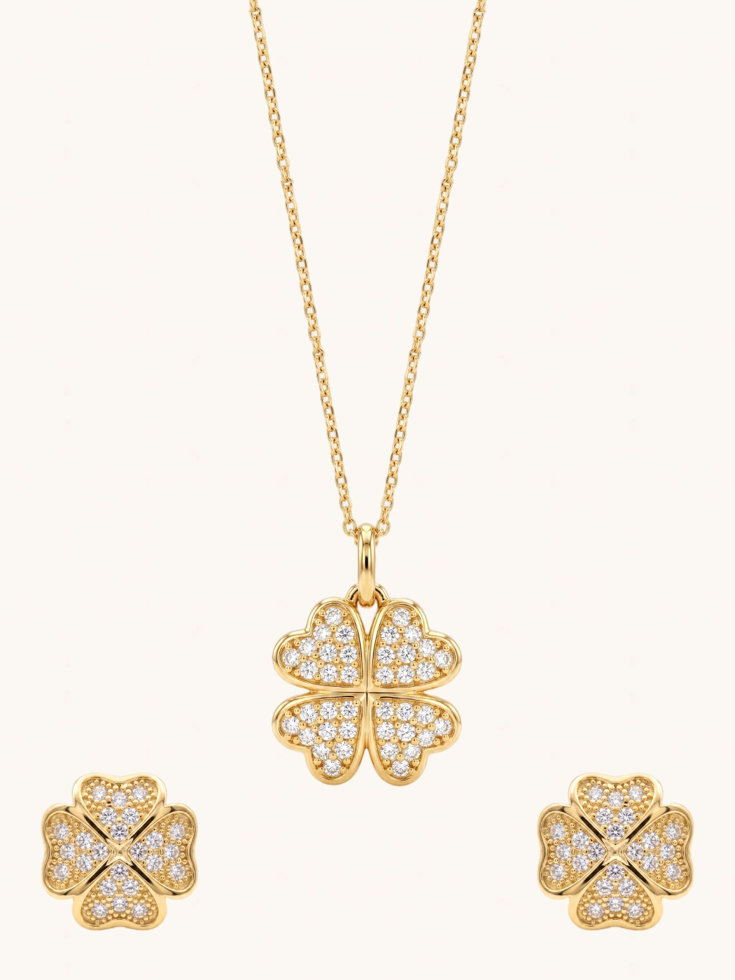 Front View of Cara Clover Pendant Necklace Set Fixed Length 18k Gold Plated 925 Sterling Silver 16 inches 4.3gms