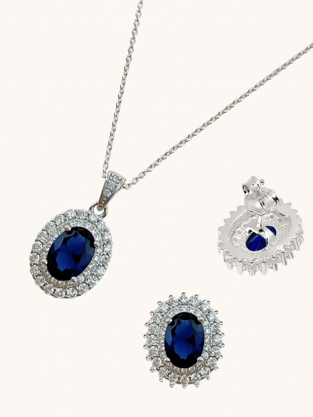 Closeup of Ayesha Necklace & Earrings Set in Sterling Silver- Blue Fixed Length 925 Silver Metal Stone One Size 9.1gms