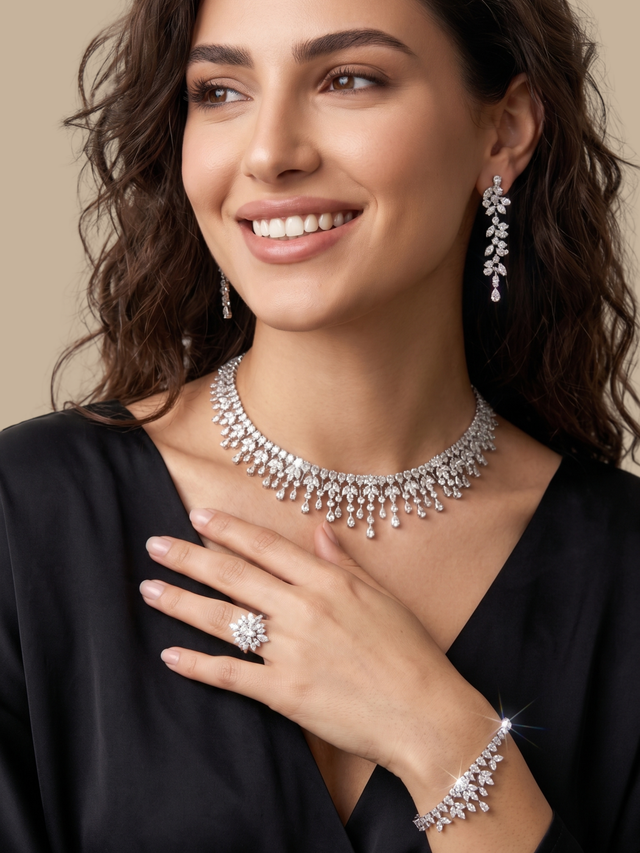 Model Wearing Pia Necklace Set Comfort Fit Rhodium Plated Copper One Size 47.6gms Mix Metal