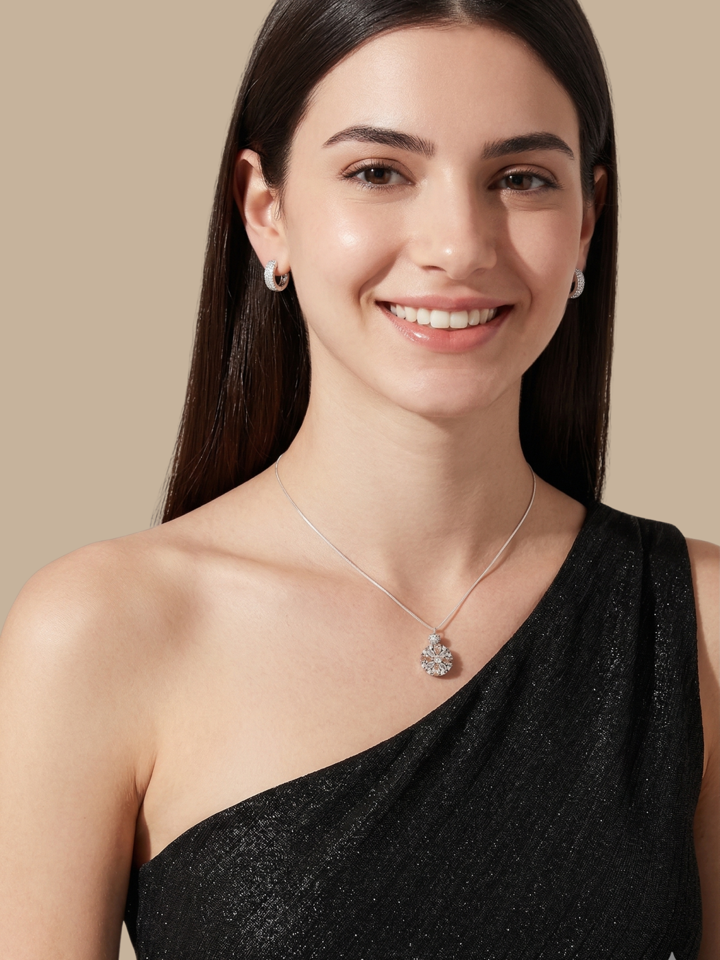 Model Wearing Dahlia Pendant Necklace Fixed Length 925 Sterling Silver Rhodium Plated Brass One Size 5.4gms