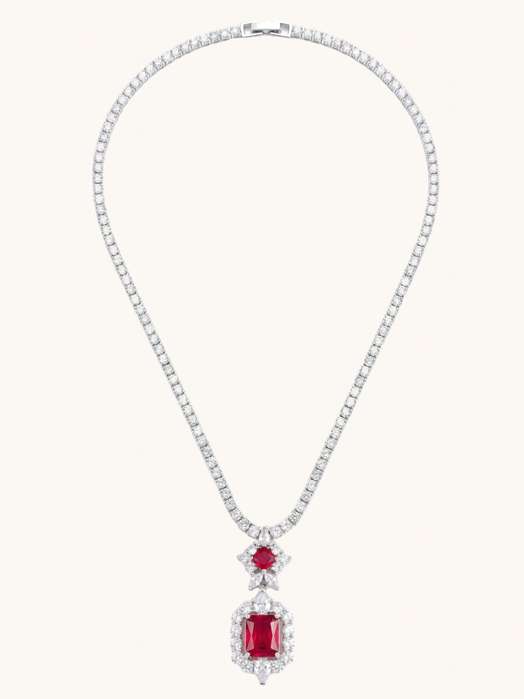 Rear View of Amaris Tennis Necklace and Earrings in Rhodium Plated Metal-Red Comfort Fit Copper 16 inches 22.1gms Mix Metal