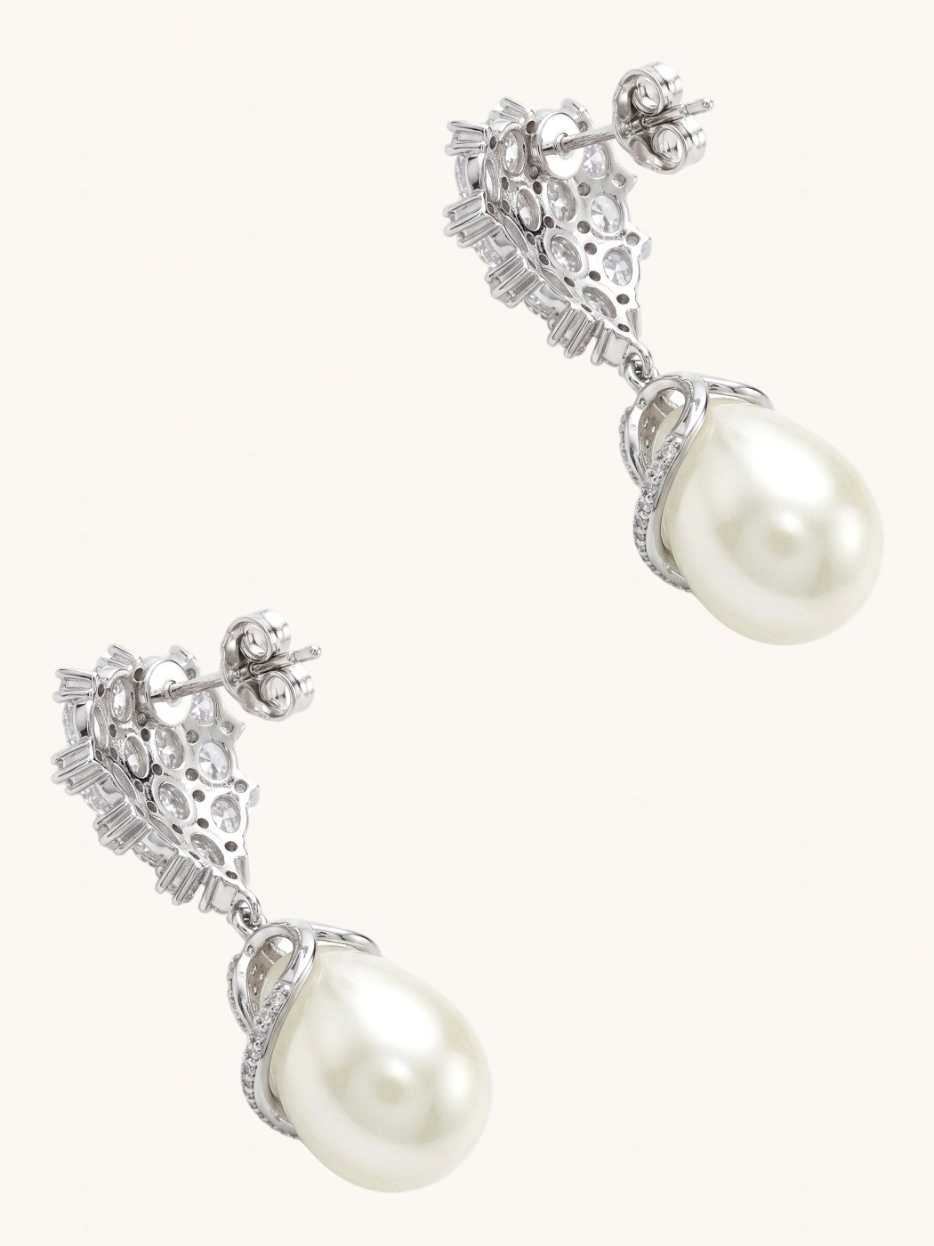Rear View of Ellara Pearl Dangle Earrings Jewelry for Pierced Ears Rhodium Plated Copper Post / Pin & Push in 925 Sterling Silver Stamp Marked 4 cm 10.4gms