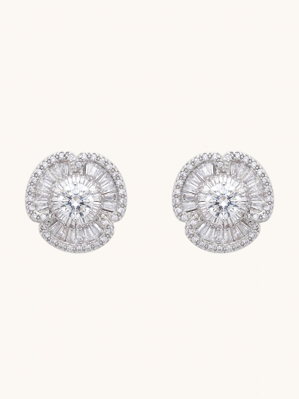 Front View of Florence Sparkling Stud Earrings Jewelry for Pierced Ears Rhodium Plated Metal Post / Pin & Push in 925 Sterling Silver Stamp Marked 2 cm 7.3gms