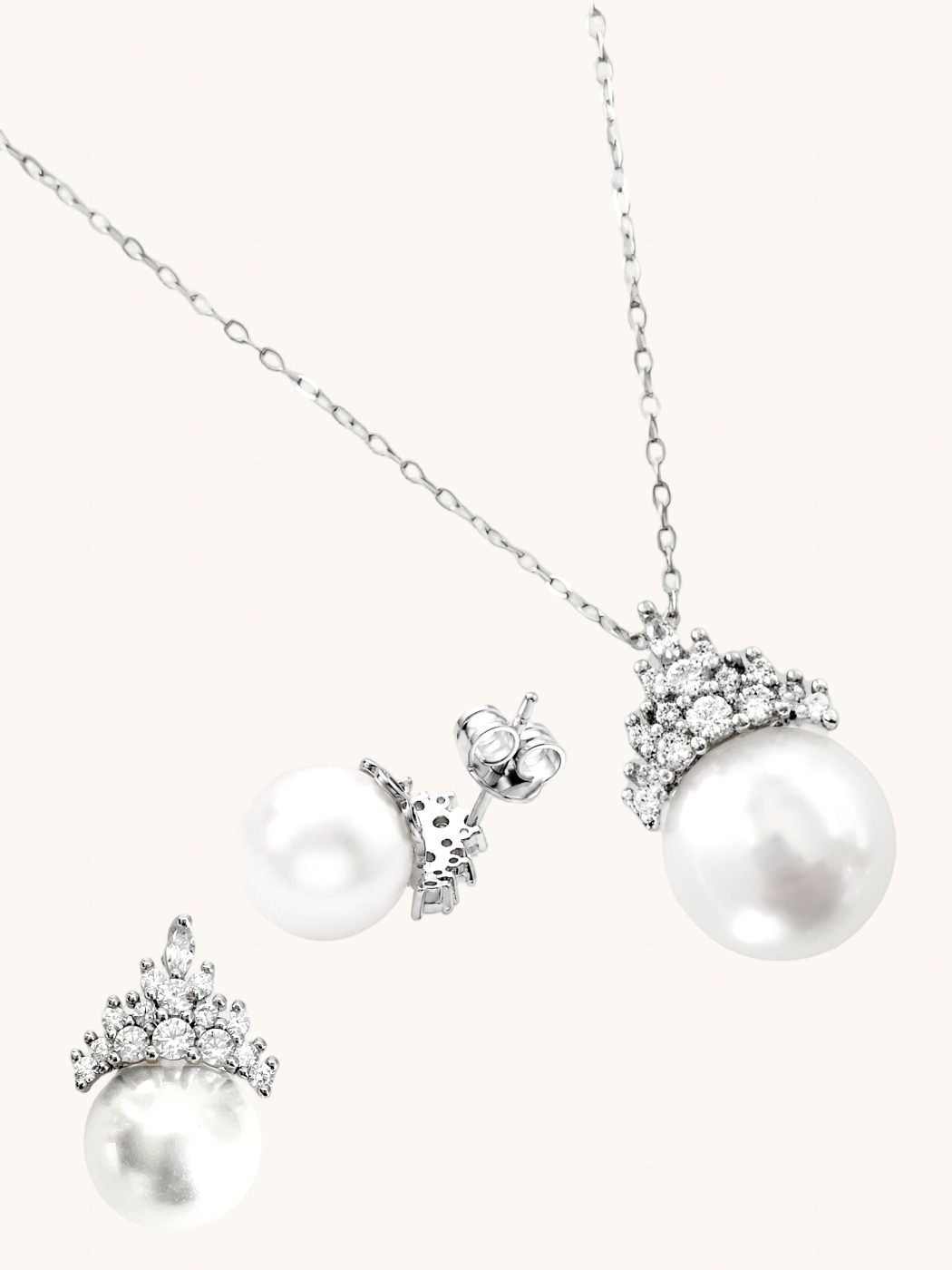 Closeup of Eleanor Pearl Drop Pendant Necklace Set Comfort Fit 925 Sterling Silver 16 inches 8.5gms