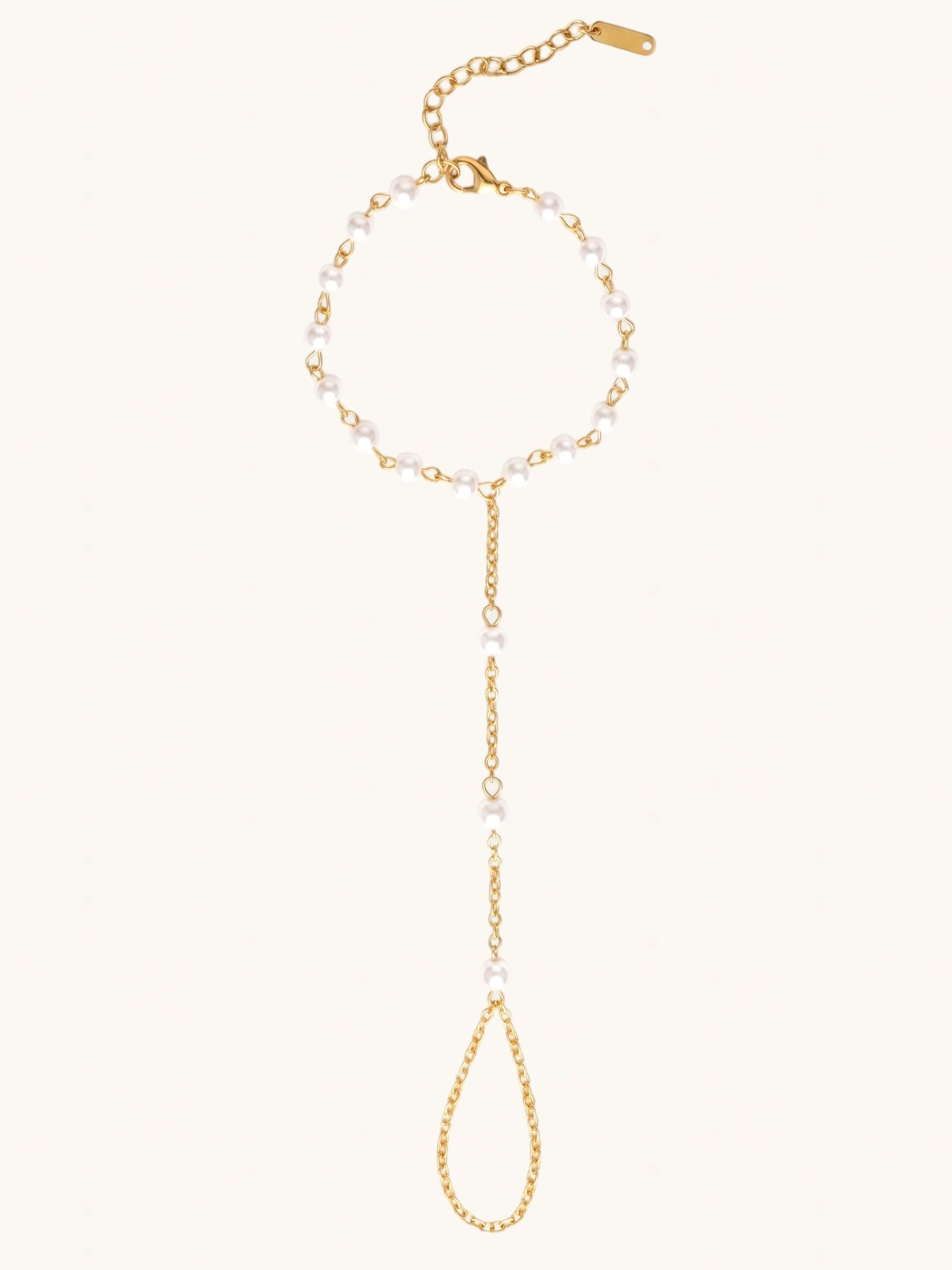 Front View of Kelly Pearl Hand Chain Comfort Fit 18k Gold Plated Steel | Hypoallergenic Tarnish Resistant Sweat Water 16 inches 3gms