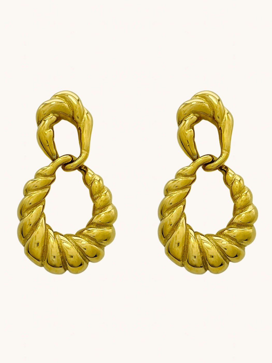 Front View of Lorraine Croissant Dangle Earrings in 18k Gold Plated Metal Jewelry for Pierced Ears Steel | Hypoallergenic Tarnish Resistant Sweat Water Eco - Friendly One Size 14.9gms Stainless