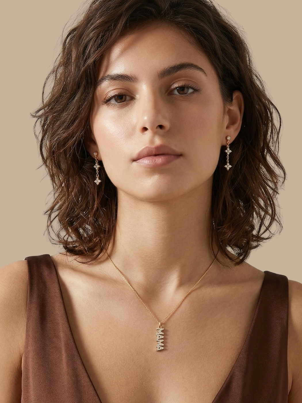 Model Wearing Mama Pendant Necklace Comfort Fit 18k Gold Plated 925 Sterling Silver Brass 18 inches 2.9gms