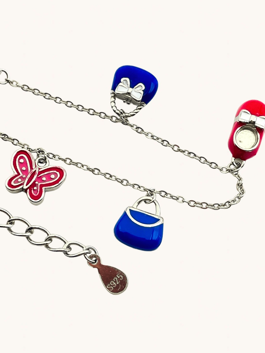 Closeup of Little Princess Enamel Charm Bracelet in Sterling Silver Adjustable Length 925 Metal 11.5 cm 4.6gms