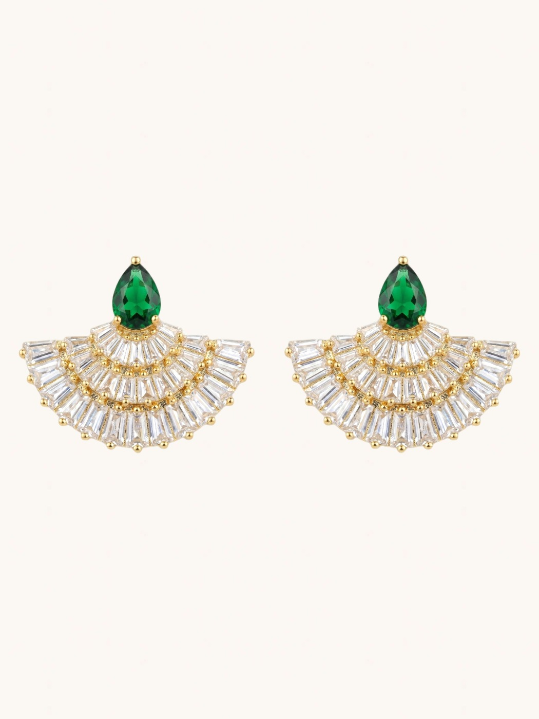 Front View of Freya Fan Stud Earrings in Rhodium Plated Metal-Green Jewelry for Pierced Ears Brass Post / Pin & Push 925 Sterling Silver Stamp Marked 7.9gms