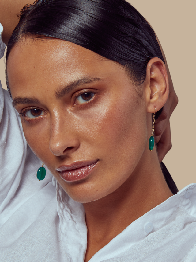 Model Wearing Liana Onyx Earrings Jewelry for Pierced Ears 18k Gold Plated 925 Sterling Silver One Size 4.8gms