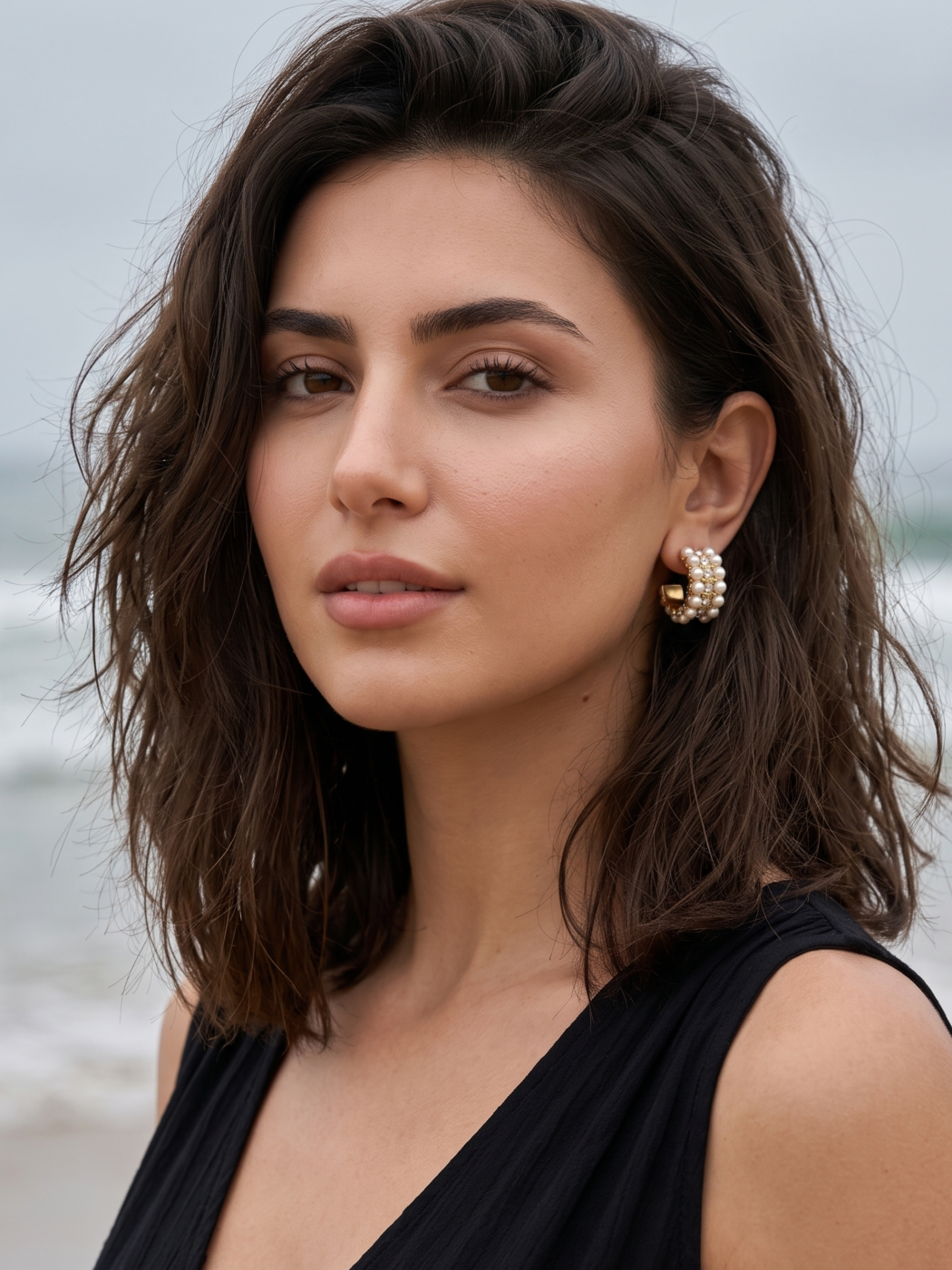 Model Wearing Marbella Pearl Hoop Earrings Jewelry for Pierced Ears 18k Gold Plated Steel | Hypoallergenic Tarnish Resistant Sweat Water One Size 10.8gms Mix Metal