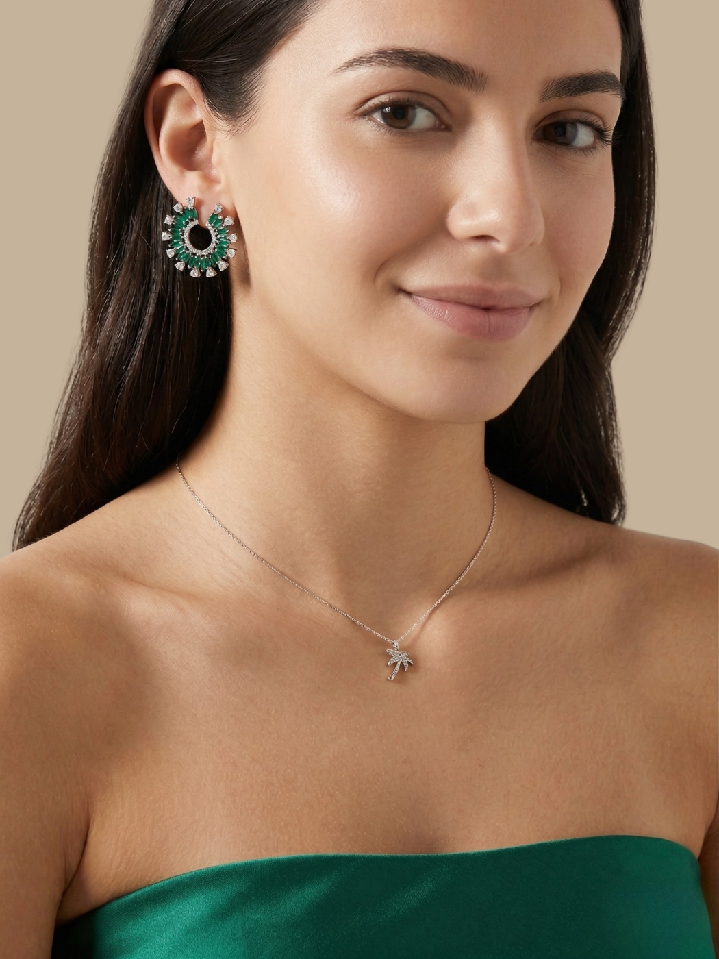 Model Wearing Palm Tree Pendant Necklace Fixed Length Rhodium Plated Brass 925 Sterling Silver Chain 17 inches 2.1gms