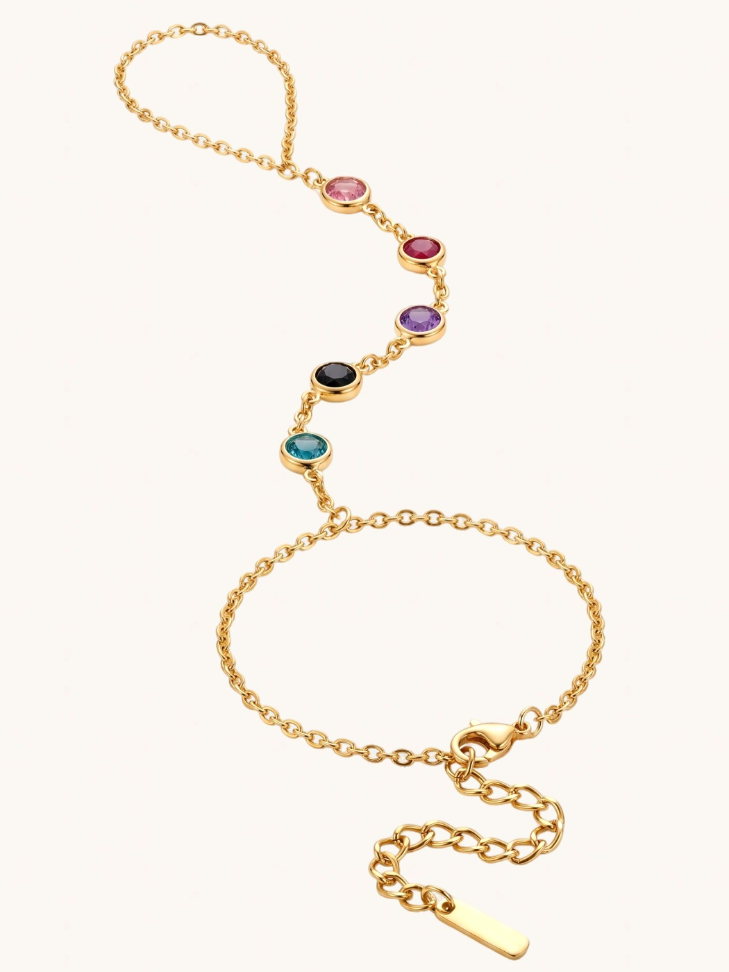 Closeup of Nika Hand Chain Comfort Fit 18k Gold Plated Steel | Hypoallergenic Tarnish Resistant Sweat Water 16 inches 3.1gms