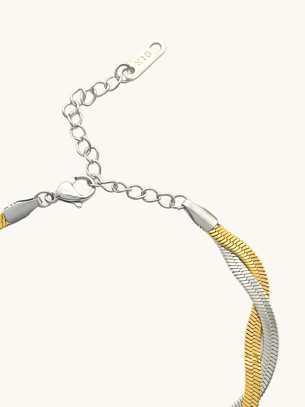Rear View of Raia Two-tone Ripple Bracelet in 18K Gold Plated Metal Adjustable Length Two Tone | Tarnish Resistant Steel Water Hypoallergenic Durable Jewelry Sweat Eco - Friendly One Size 5.1gms