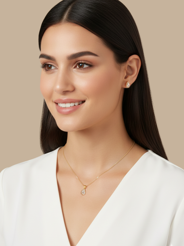 Model Wearing Zia Drop Pendant Necklace & Stud Earrings in 18k gold plated 925 sterling silver Comfort Fit Gold Plated Sterling Silver 16 inches 4.8gms