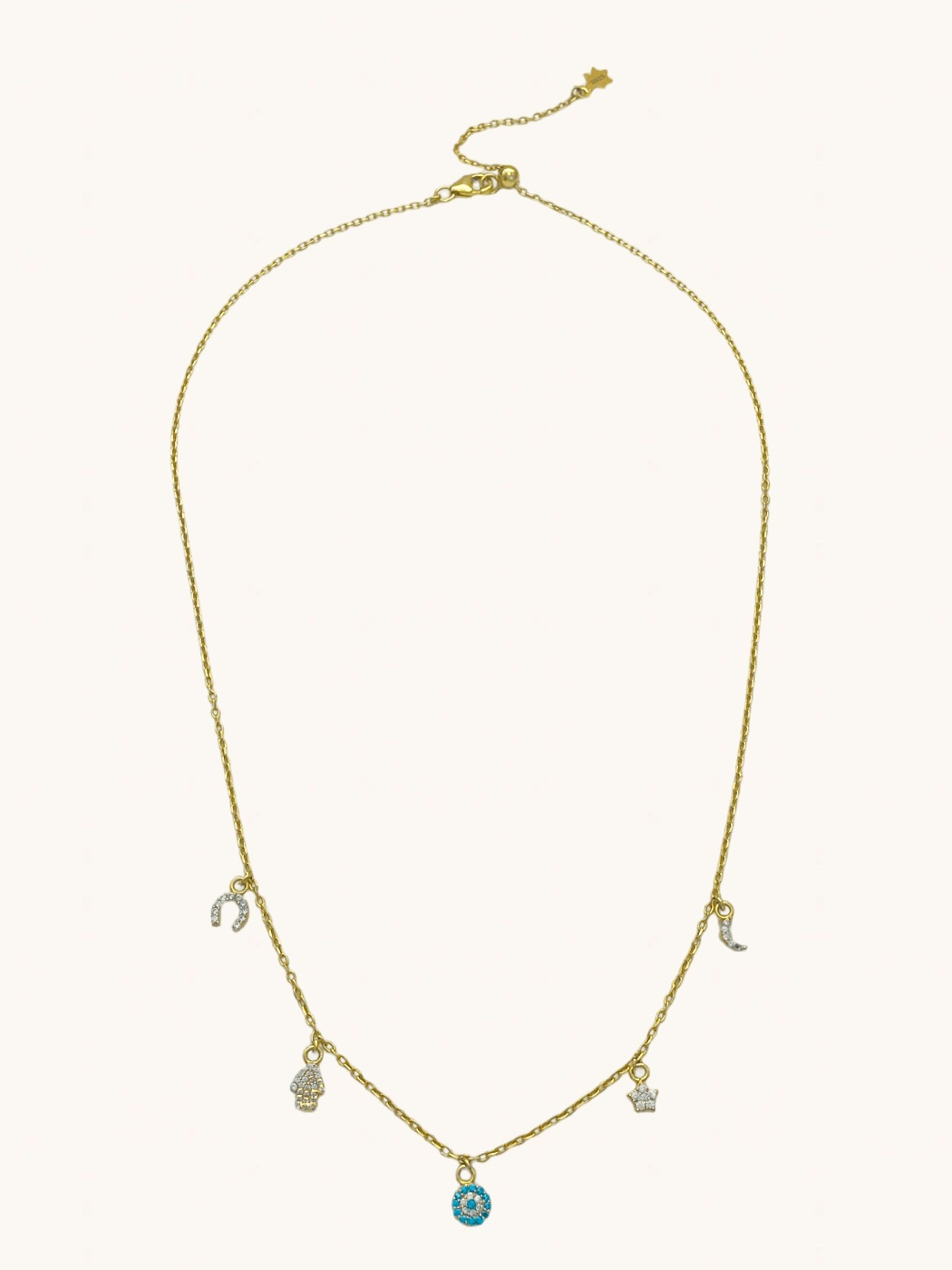 Front View of Rayan charm necklace in 18k gold plated silver Adjustable Length Gold Plated 925 Sterling Silver Metal One Size 3.3gms