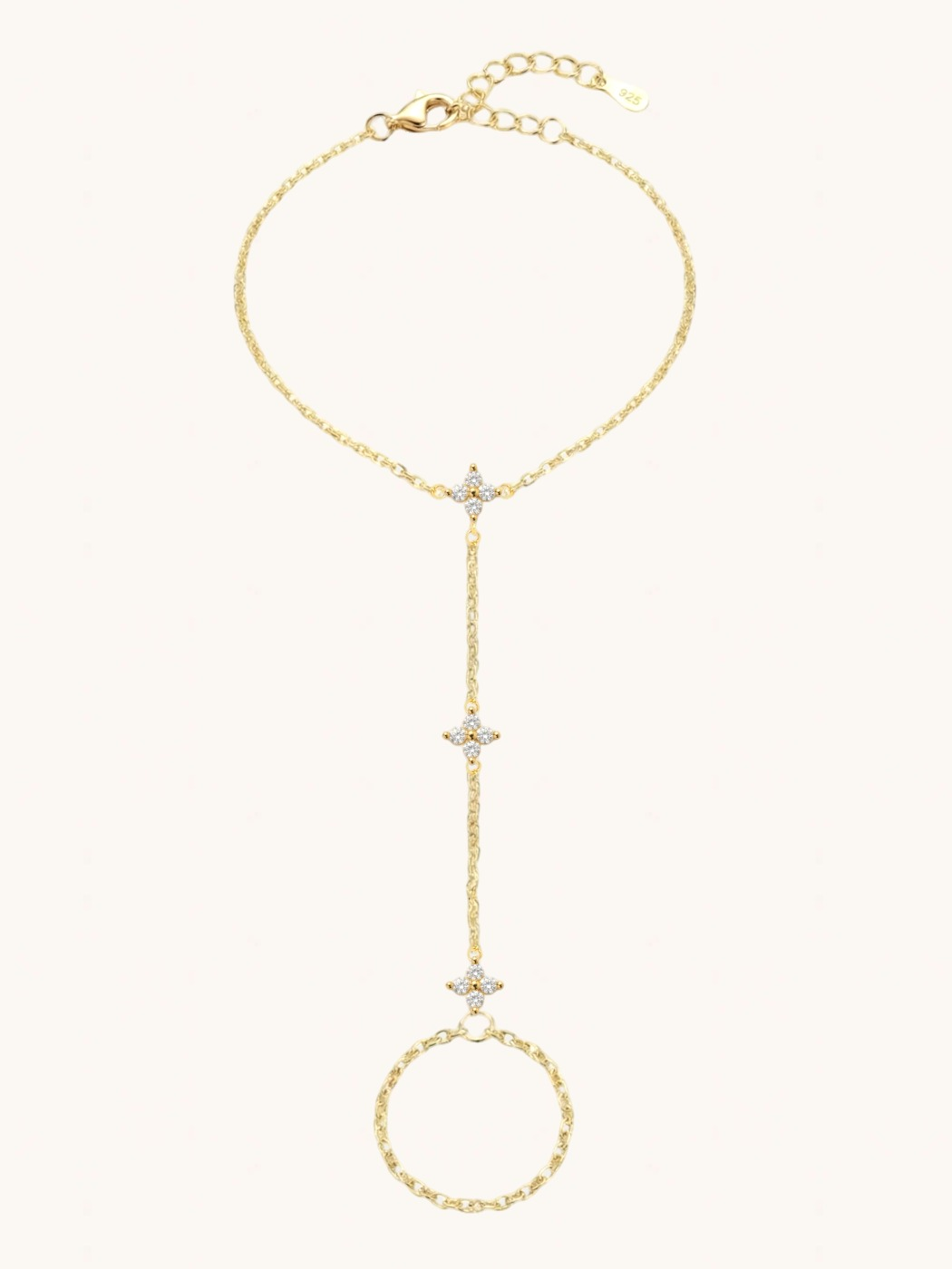 Front View of Irene Star Hand Chain Bracelet in 18k Gold Plated 925 Sterling Silver Comfort Fit One Size 1.5gms
