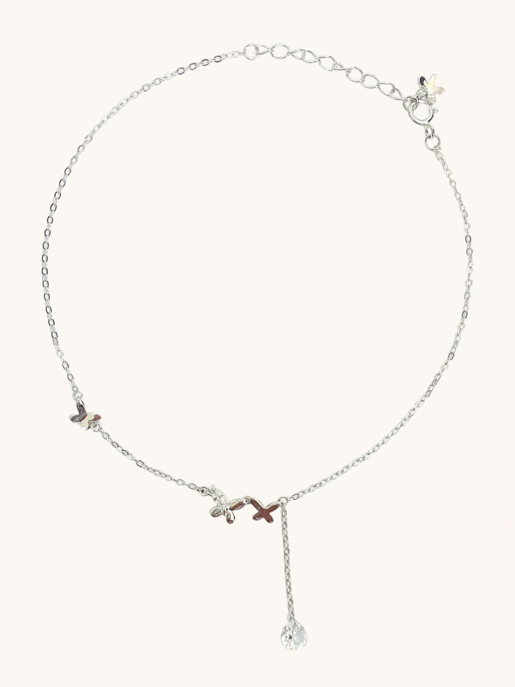 Front View of Misty Butterfly Anklet in 925 Sterling Silver Comfort Fit Metal 8.5 inches 1.3gms