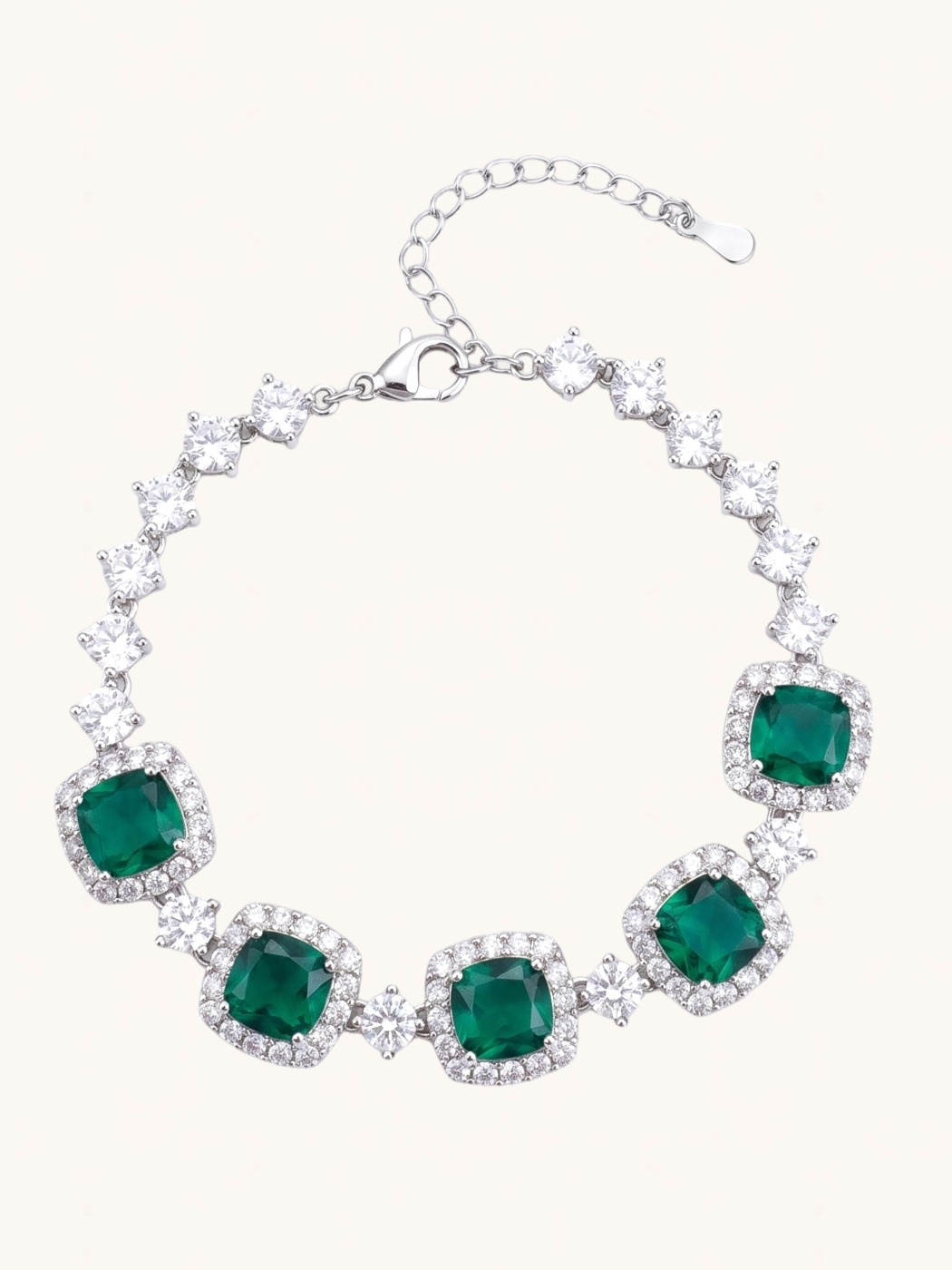 Front View of Martina Bracelet-Green Comfort Fit Rhodium Plated Copper Metal 8 inches 13.7gms Brass