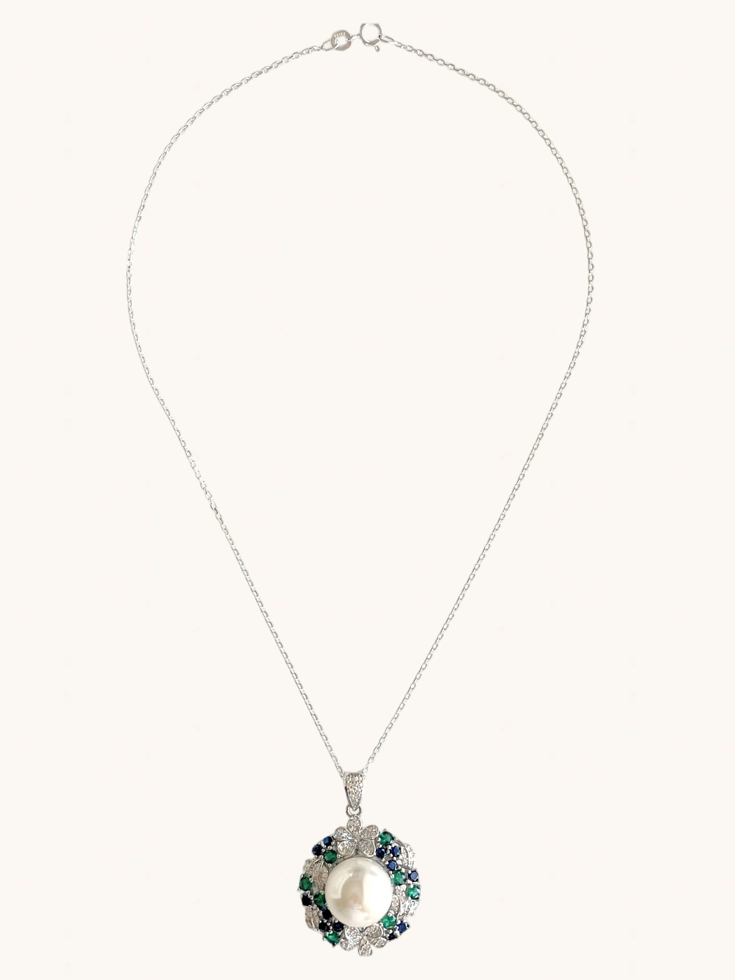 Marem Pearl Pendant Necklace & Stud Earrings in 925 Sterling Silver Comfort Fit Rhodium Plated Brass Stone Metal 2 cm 22.7gms