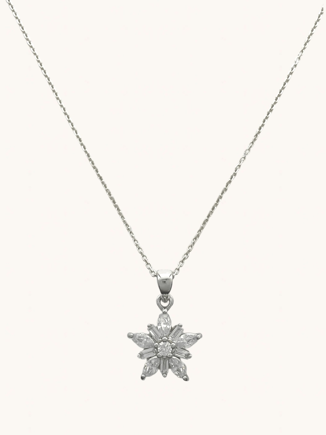 Front View of Belle Snowflake Necklace in Sterling Silver Fixed Length 925 Metal One Size 3.2gms