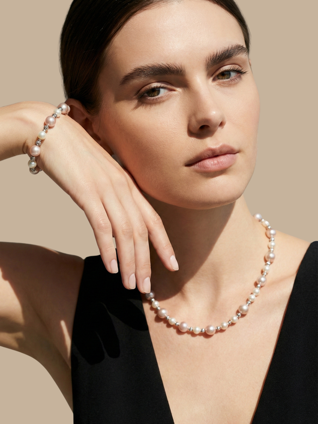 Model Wearing Belle Blush Pearl Necklace Adjustable Length 925 Sterling Silver Rhodium Plated Brass One Size 34.2gms