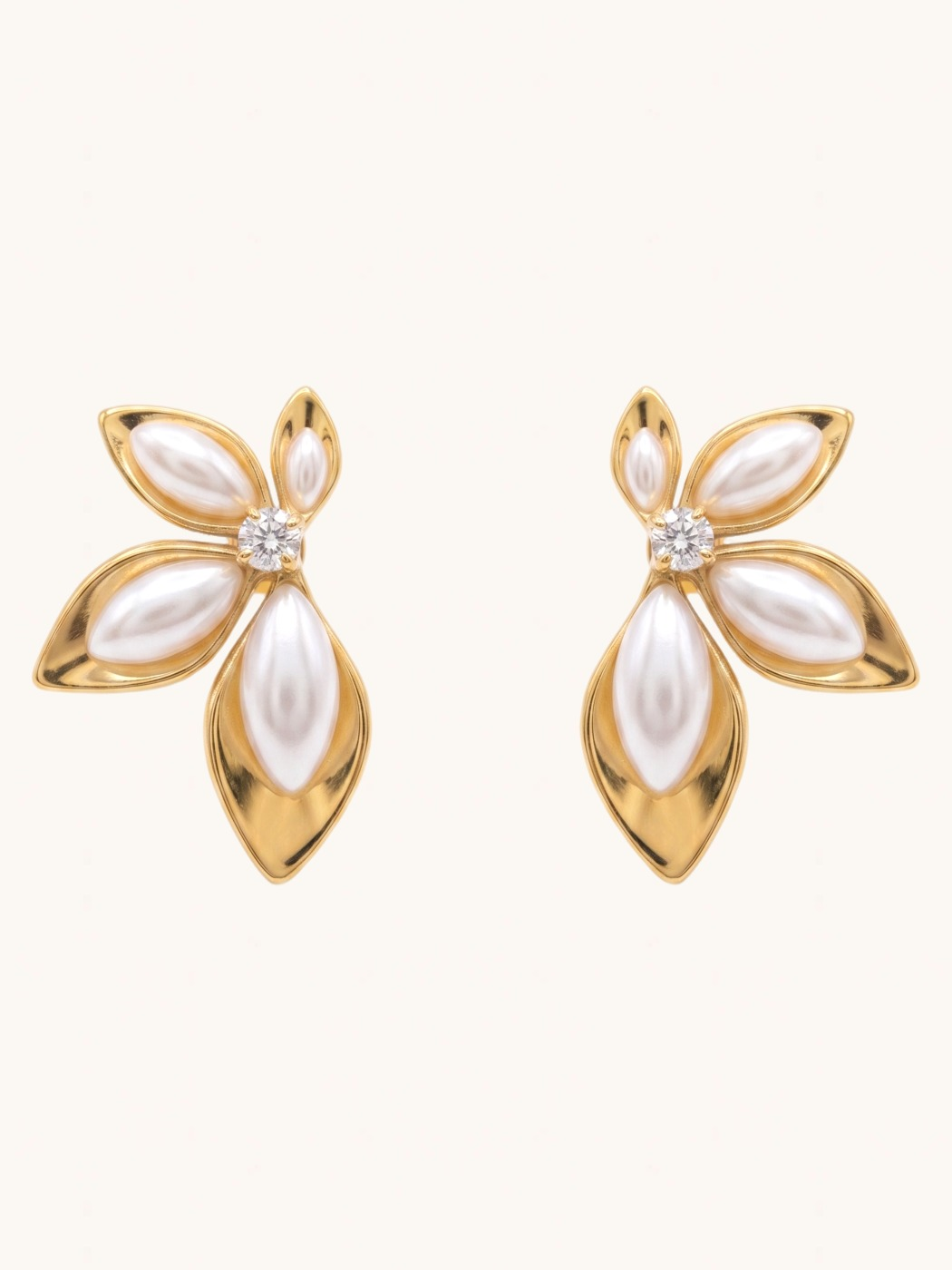 Front View of Stefi Golden Leaf And Pearl Stud Earrings Jewelry for Pierced Ears 18k Gold Plated Steel | Hypoallergenic Tarnish Resistant Sweat Water 2 cm 8.5gms Stainless