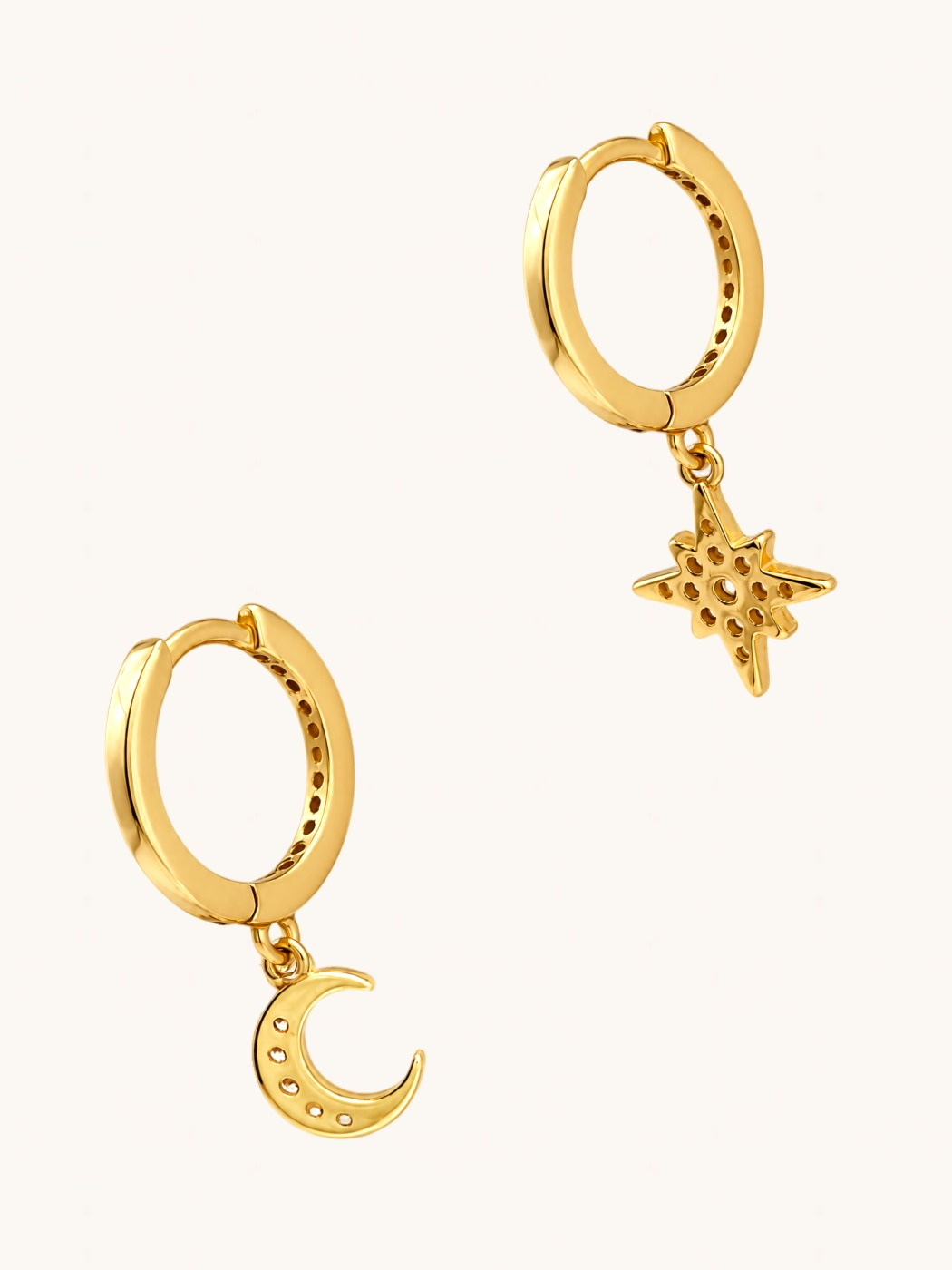 Closeup of Stella Crescent Star Earrings Jewelry for Pierced Ears 18k Gold Plated 925 Sterling Silver 2 cm 1.3gms