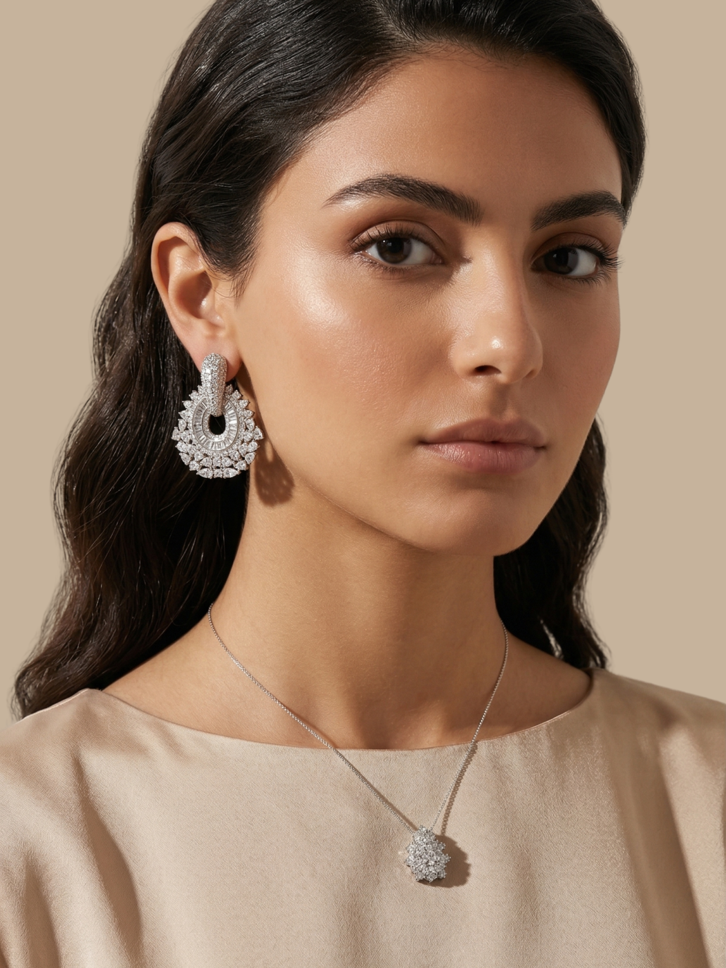 Model Wearing Veronica Convertible Stud & Dangle Earrings Jewelry for Pierced Ears Rhodium Plated Brass 4 cm 19.2gms Mix Metal