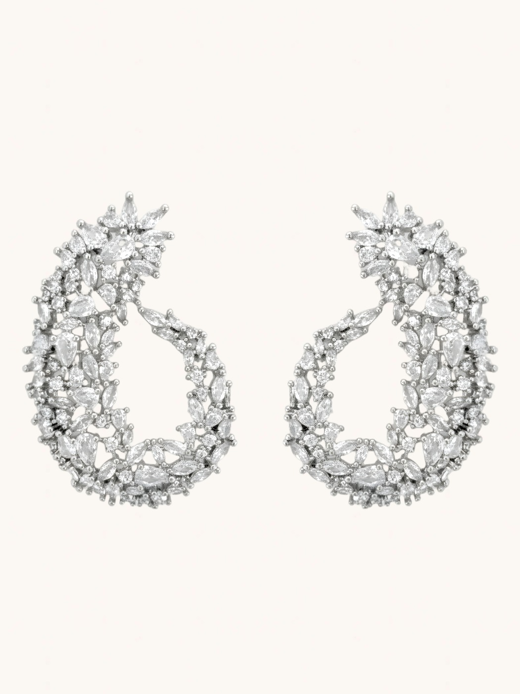 Front View of Siena Cluster Stud Earrings in Rhodium Plated Brass -White Jewelry for Pierced Ears Post / Pin & Push 925 Sterling Silver Stamp Marked 4.5 cm 14.3gms Mix Metal