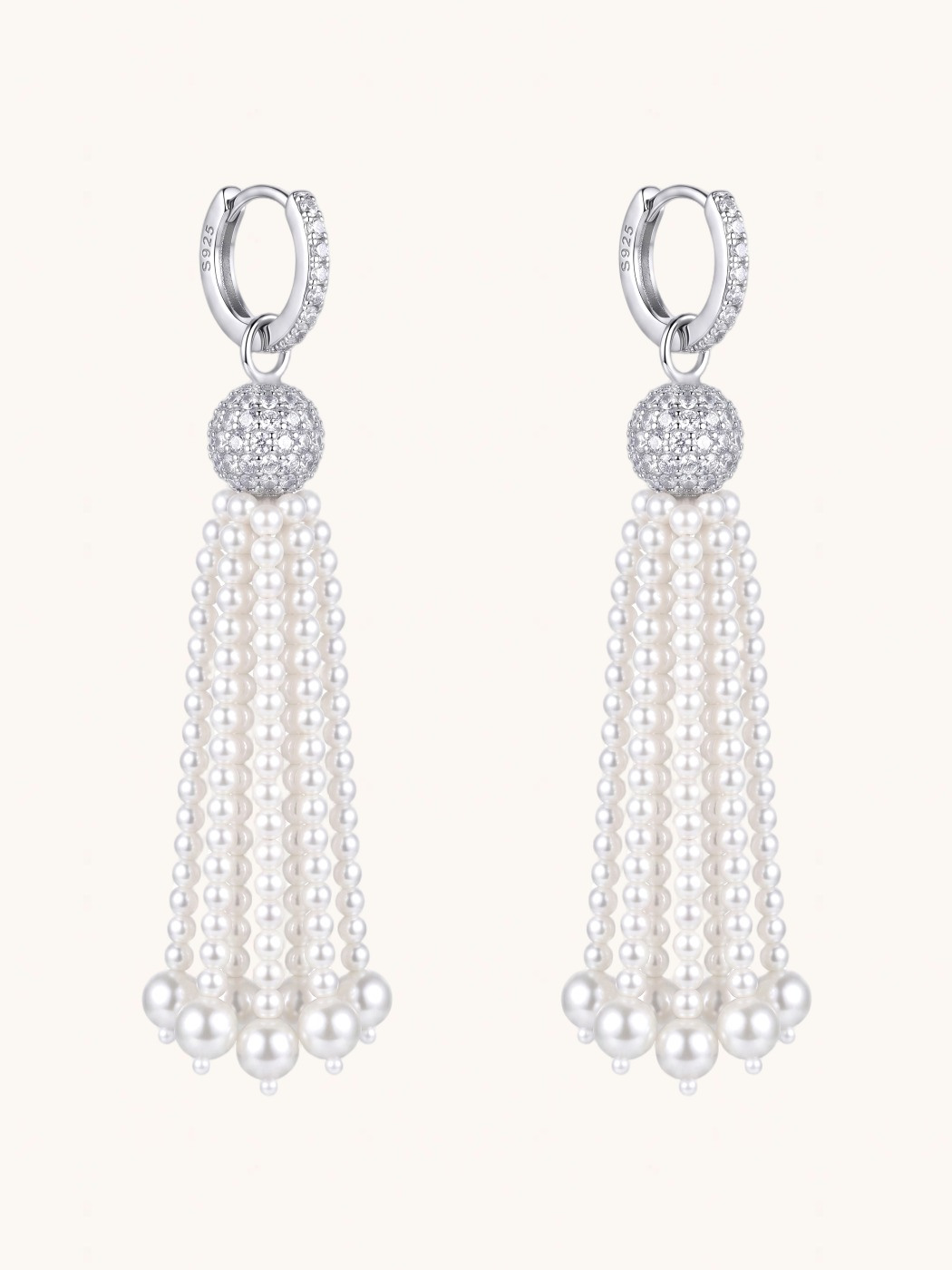 Front View of Selina Pearl Tassel Earrings Jewelry for Pierced Ears 925 Sterling Silver Rhodium Plated Brass 3 inches 27.6gms