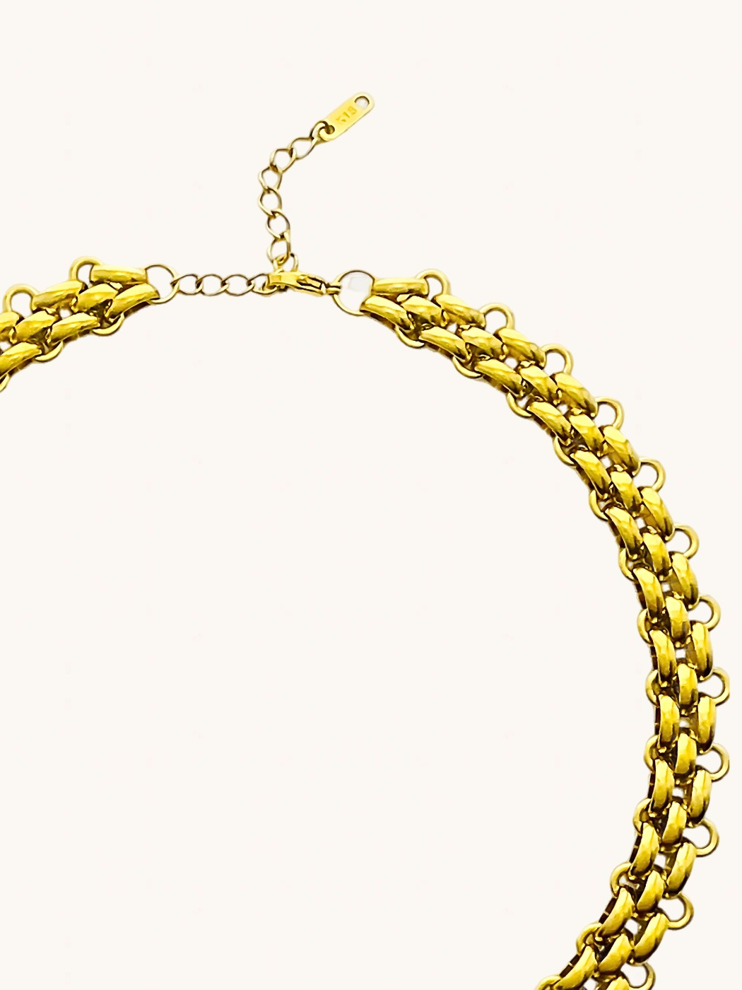 Rear View of Clara Chunky Necklace in 18K Gold Plated Metal Adjustable Length 18k Steel | Hypoallergenic Tarnish Resistant Sweat Water Eco - Friendly 15 inches 56.2gms