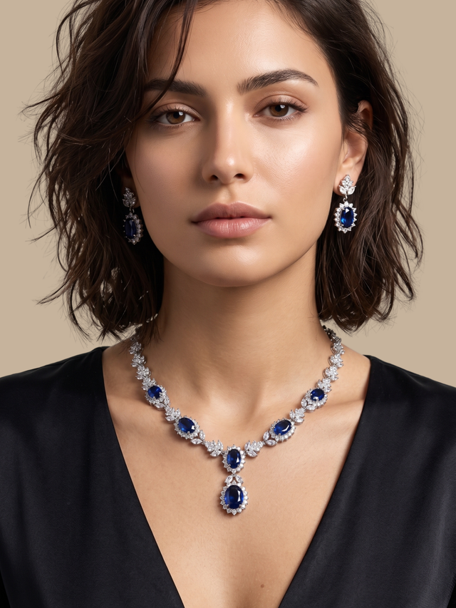 Model Wearing Alba Necklace Set Comfort Fit Rhodium Plated Copper One Size 58.2gms Mix Metal