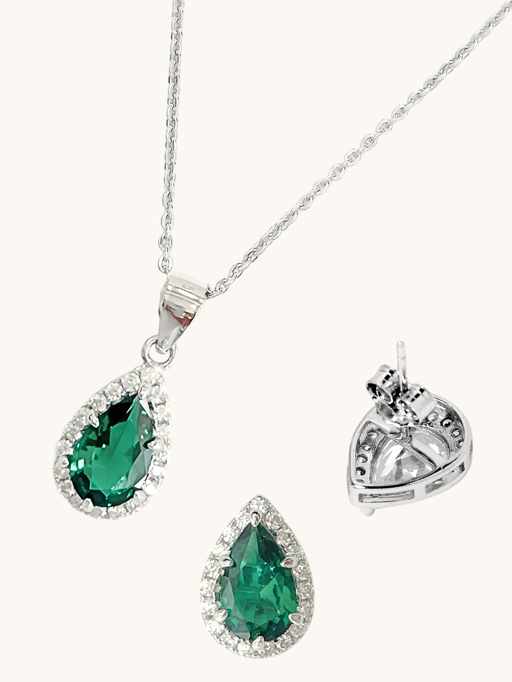 Closeup of Zia Drop Pendant Necklace & Stud Earrings in 925 Sterling Silver - Green Adjustable Length Metal 16 inches 4.7gms