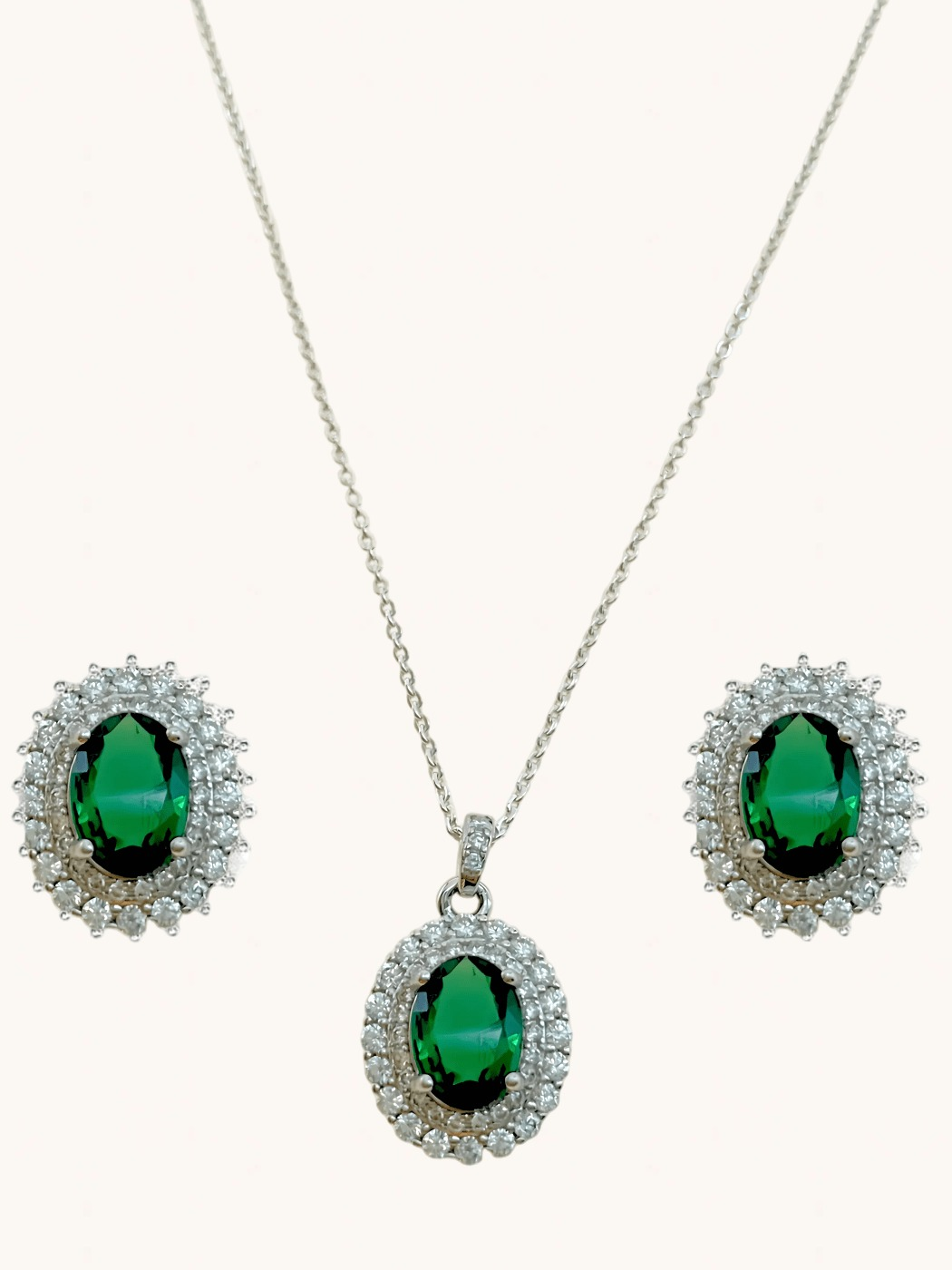 Front View of Ayesha Necklace and Earrings Set in Sterling Silver- Green Fixed Length 925 Silver Metal Stone One Size 9gms