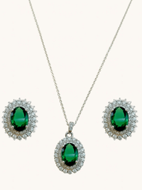 Front View of Ayesha Necklace and Earrings Set in Sterling Silver- Green Fixed Length 925 Silver Metal Stone One Size 9gms