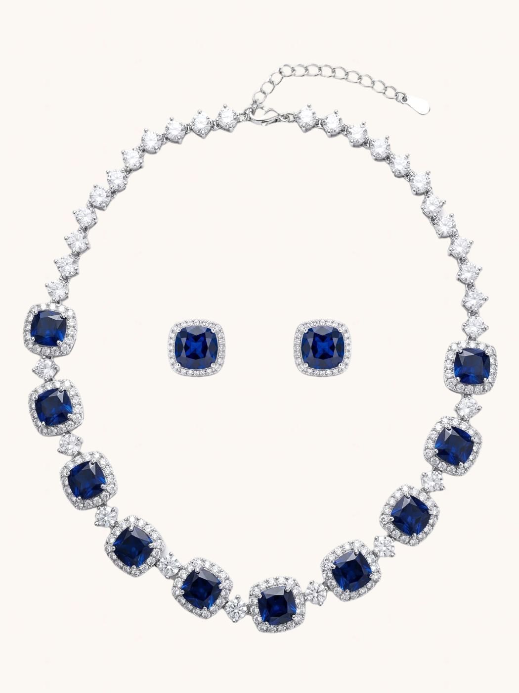 Front View of Martina Necklace and Earrings Set-Blue Jewelry for Pierced Ears Rhodium Plated Copper One Size 36.5gms Mix Metal