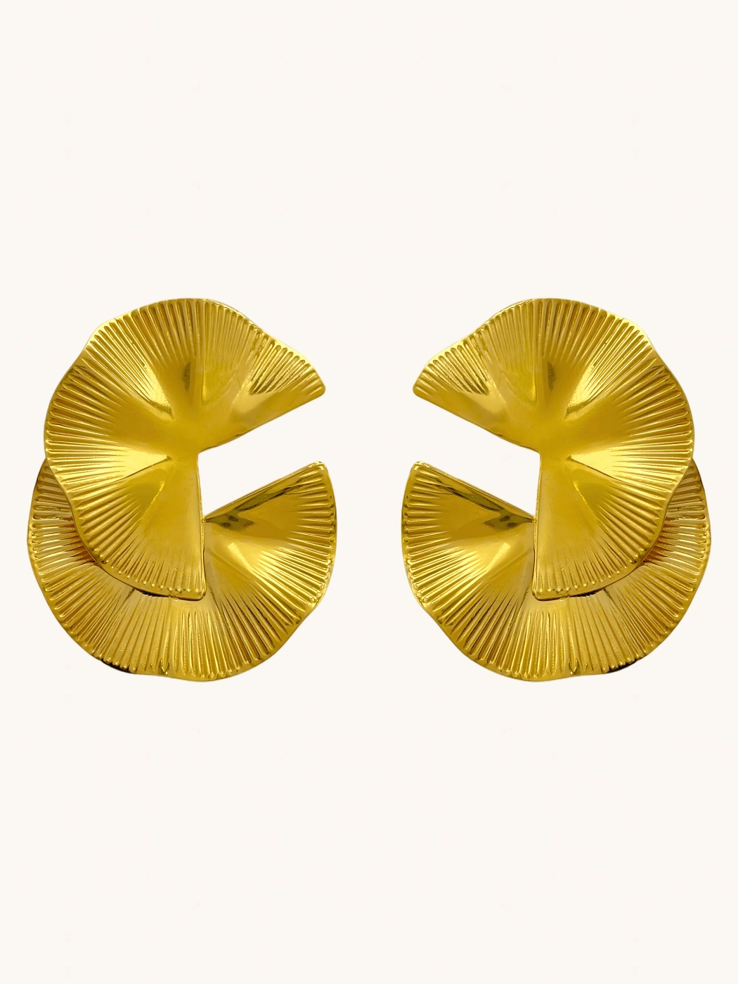 Front View of Megan Spiral statement Earrings in 18K Gold Plated Metal Jewelry for Pierced Ears 18k Steel | Hypoallergenic Tarnish Resistant Sweat Water Eco - Friendly One Size 11.3gms Stainless