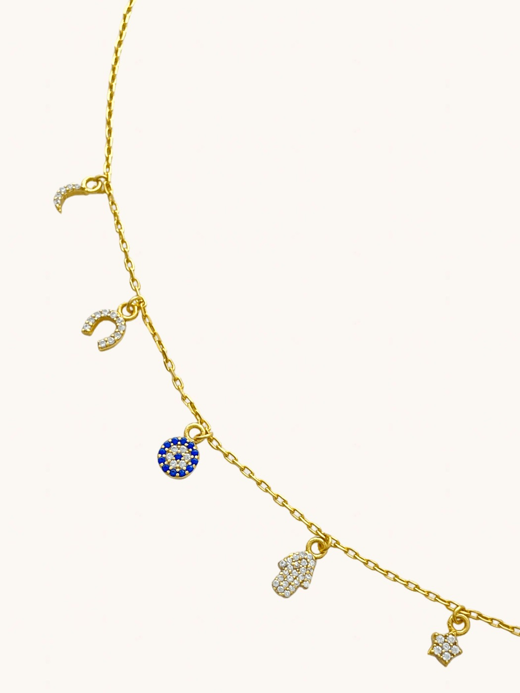 Closeup of Rayan Charm Bracelet in 18k Gold Plated Sterling Silver Adjustable Length 925 Metal Stone 20 cm 2.3gms