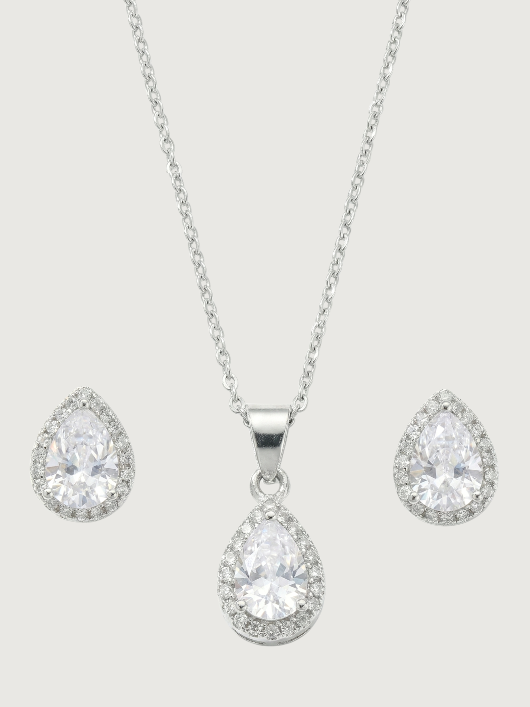 Front View of Zia Drop Pendant Necklace & Stud Earring Set in Sterling Silver Fixed Length 925 Metal 16 inches 3gms