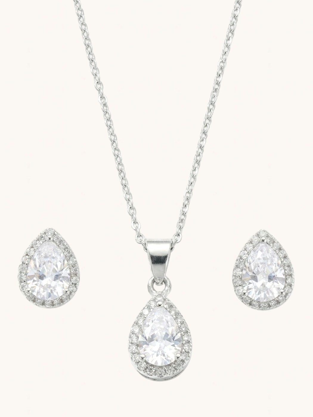 Front View of Zia Drop Pendant Necklace & Stud Earring Set in Sterling Silver Fixed Length 925 Metal 16 inches 3gms