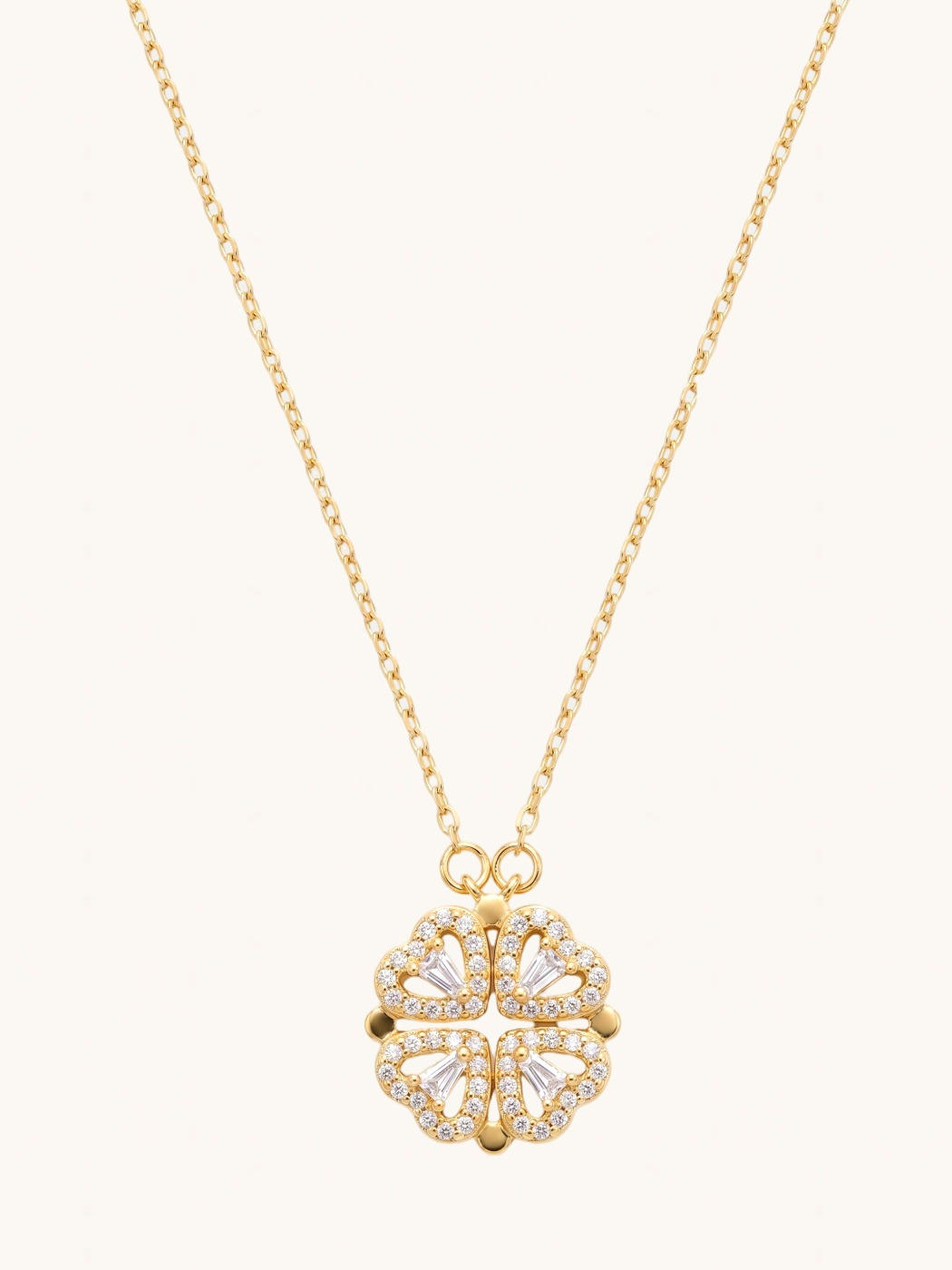 Front View of Cara Heart Clover Versatile Pendant Necklace Adjustable Length 18k Gold Plated 925 Sterling Silver 16 inches 3gms
