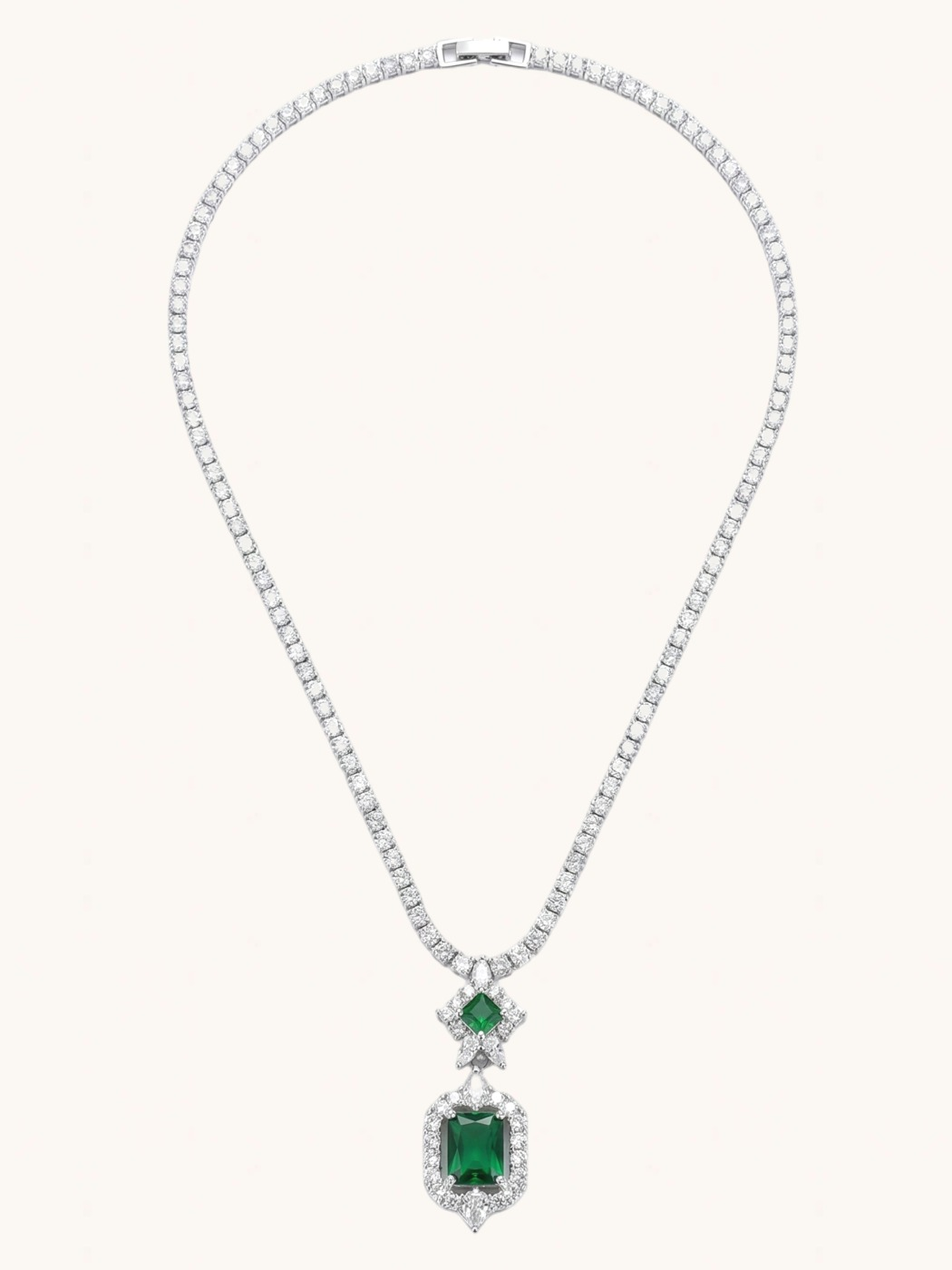 Rear View of Amaris Tennis Necklace and Earrings in Rhodium Plated Metal-Green Comfort Fit Copper 16 inches 22.5gms Mix Metal
